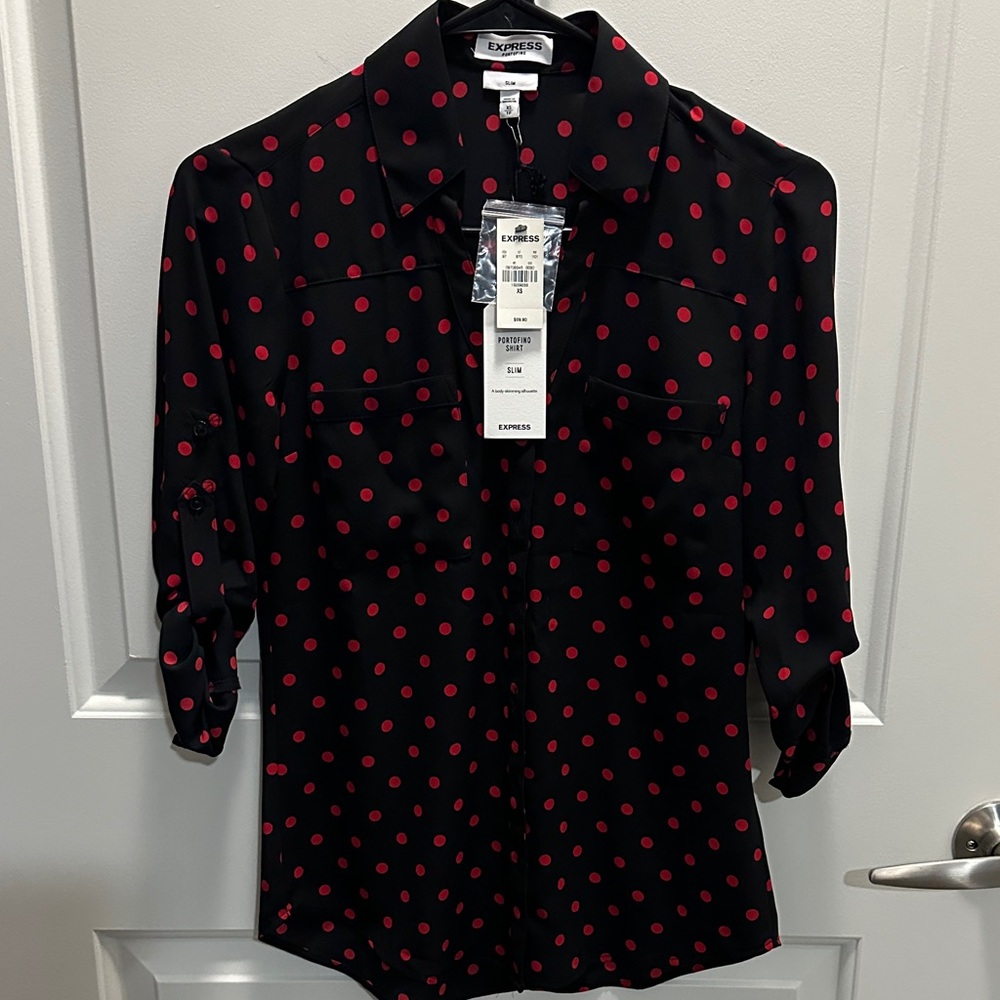 Express Black Blouse with Red Dots